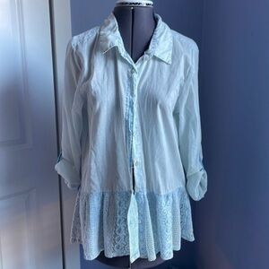 Dylan top blouse small blue sheer top button up with lace